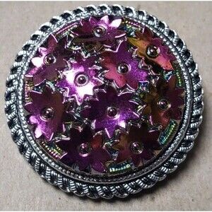 VTG 1940s Western Germany Iridescent Domed Scarf Clip 1.5” Rainbow Glass Flowers